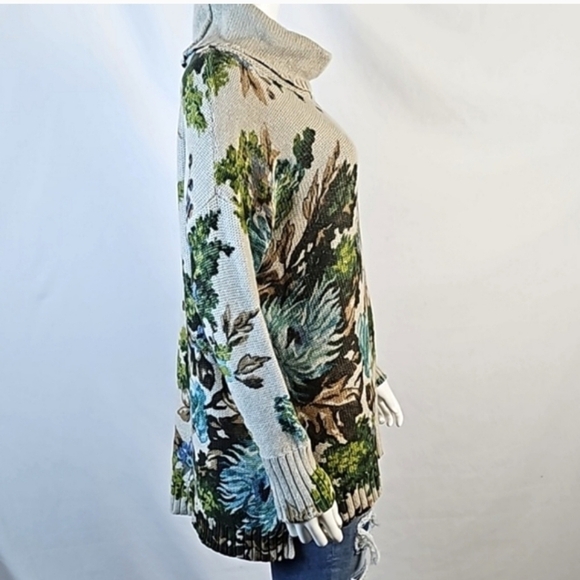 J. Jill Tan Green Turquoise Floral Knit Turtleneck Pullover Sz. L Sweater - Picture 5 of 14